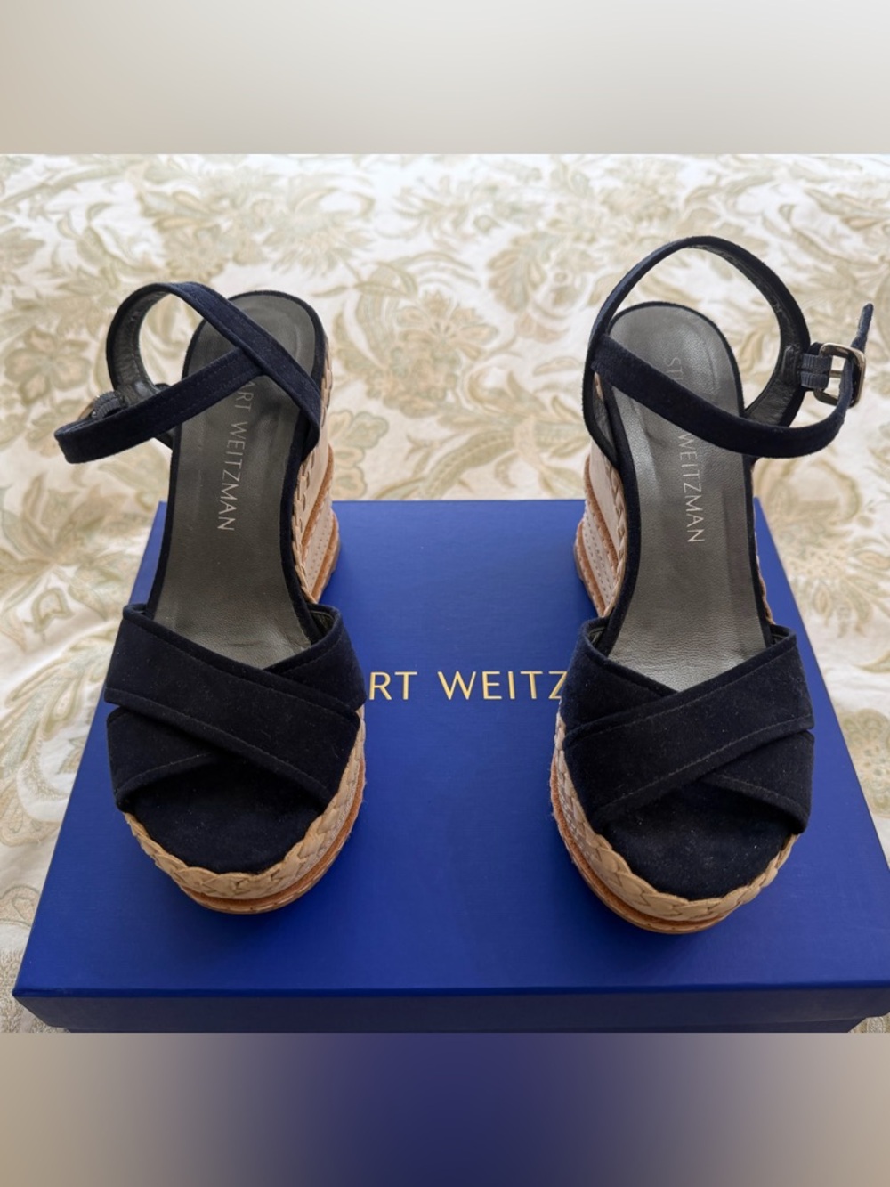 Stuart Weitzman Navy Suede Espadrille Wedge Sandals